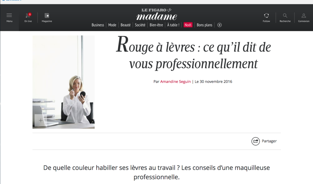 Article dans le Madame Figaro sur les rouges à lèvres au bureau, avec les conseils de Louise Wittlich, maquilleuse pro et coach beauté