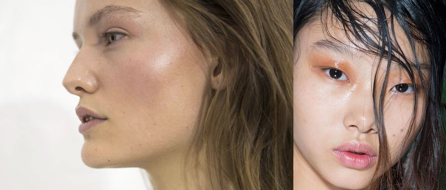 Two closeups of young women wearing glossy faces, a spring makeup trend