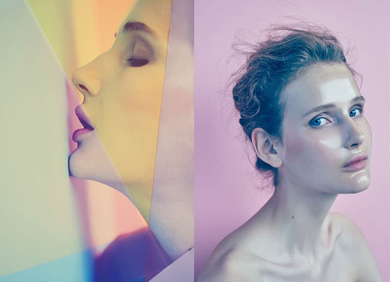 Deux images d'une jeune femme avec un maquillage artistique, très brillant. Une photo du portfolio de Louise Wittlich, maquilleuse pro.