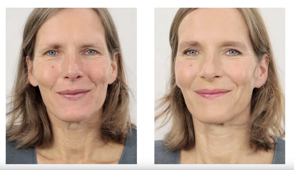 A mature woman, with and without a beautifully natural anti-aging makeup, made up by Louise Wittlich, professional makeup artist and beauty coach.