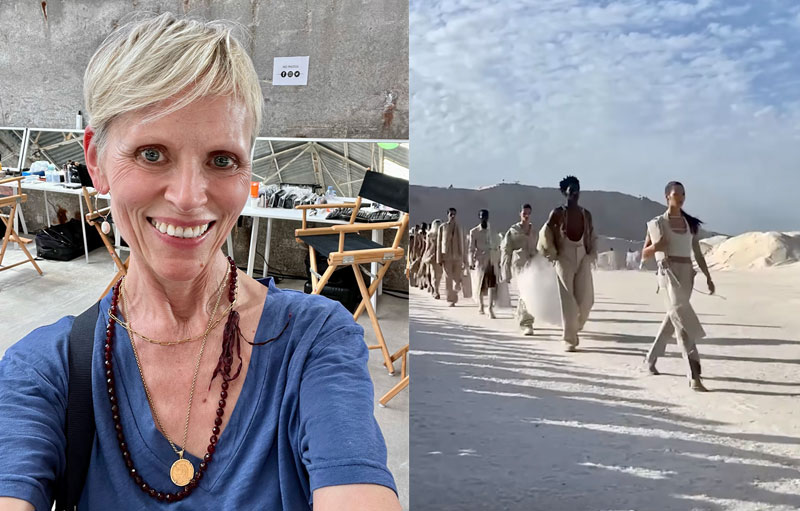 Left: Louise Wittlich, professional makeup artist and beauty coach in the backstage of the Jacquemus show. Right: models of the Jacquemus show, walking on white sand.