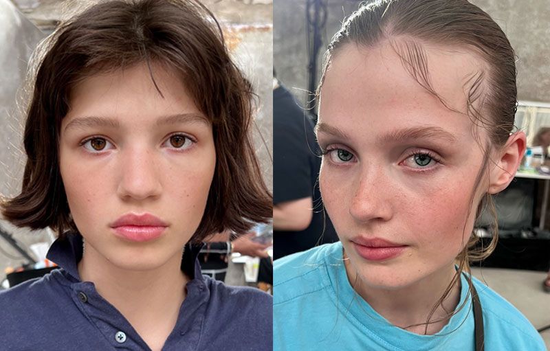 Two girls in the backstage of the Jacquemus show, makeup by Louise Wittlich, professional makeup artist and beauty coach.