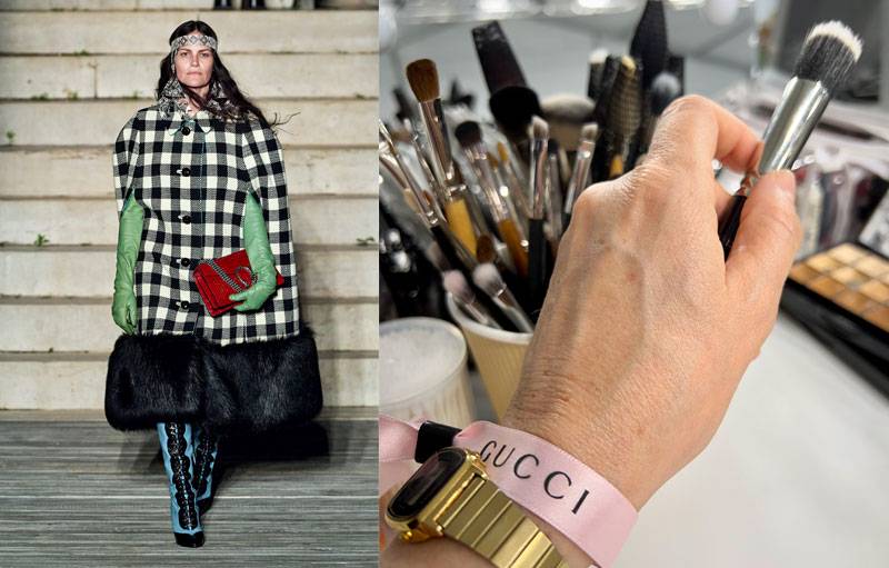 Sur la gauche : Missy Raider dans le défilé Gucci, maquillé par Louise Wittlich. A droite : La main de Louise Wittlich au backstage du défilé Gucci.