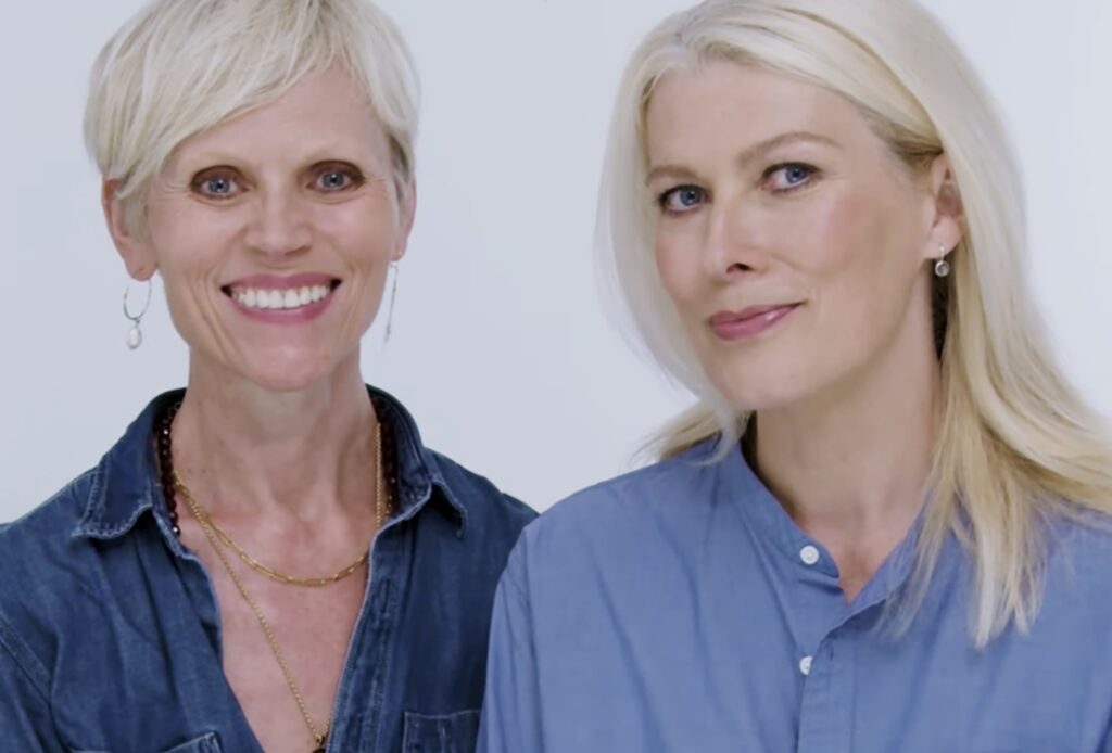Two women, on the left Louise Wittlich, makeup artist and beauty coach with her model Sibylle on the right, at the end of her video tutorial on how to do a natural anti-aging makeup.
